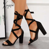 Xajzpa - Women’s Wedding High Heels Lace Up Sandals Chunky Block Ankle Tie Strappy Pumps Black / 5