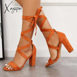 Xajzpa - Women’s Wedding High Heels Lace Up Sandals Chunky Block Ankle Tie Strappy Pumps Brown / 5