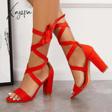 Xajzpa - Women’s Wedding High Heels Lace Up Sandals Chunky Block Ankle Tie Strappy Pumps Red / 5