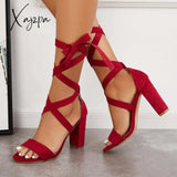 Xajzpa - Women’s Wedding High Heels Lace Up Sandals Chunky Block Ankle Tie Strappy Pumps Wine Red