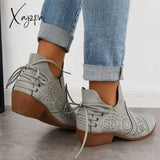 Xajzpa - Women’s Western Cowboy Boots Waterproof Hollow Out Ankle Booties Lace-Up Low Heel