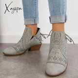 Xajzpa - Women’s Western Cowboy Boots Waterproof Hollow Out Ankle Booties Lace-Up Low Heel