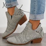 Xajzpa - Women’s Western Cowboy Boots Waterproof Hollow Out Ankle Booties Lace-Up Low Heel Grey / 7