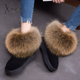 Xajzpa - Women’s Winter Boots Genuine Leather Natural Real Fox Fur Snow Short Ankle Female Flat