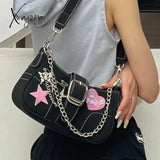 Xajzpa - Y2K Cool Shoulder Bag For Women Heart Letter Star Applique Chain Black Handbag Hip Hop