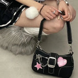 Xajzpa - Y2K Cool Shoulder Bag For Women Heart Letter Star Applique Chain Black Handbag Hip Hop