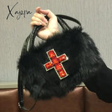 Xajzpa - Y2K Gothic Handbag Soft Plush Black Cross Applique Shoulder Bag Fashion Harajuku Style