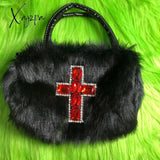 Xajzpa - Y2K Gothic Handbag Soft Plush Black Cross Applique Shoulder Bag Fashion Harajuku Style