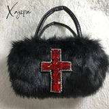 Xajzpa - Y2K Gothic Handbag Soft Plush Black Cross Applique Shoulder Bag Fashion Harajuku Style