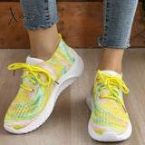 Xajzpa - Yellow Casual Sportswear Daily Patchwork Frenulum Tie-Dye Round Mesh Breathable