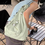 Y2K Women Green Fashion Nylon Beading Chain Drawstring Backpack Summer Travel Backpacks Solid Color