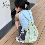 Y2k Women Green Fashion Nylon Beading Chain Drawstring Backpack Summer Travel Backpacks solid color large capacity shoulder bag