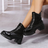 Xajzpa - Platform Chunky Heel Warm Booties Lace Up Fur Lining Ankle Boots