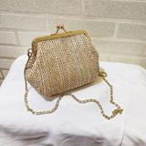 Xajzpa - Boho Straw Woven Kiss Lock Metal Chain Clutch Textured Frame Purse Crossbody Bag