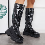 Xajzpa - Patent Leather Platform Chunky Sole Knee High Boots
