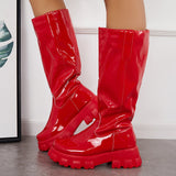 Xajzpa - Patent Leather Platform Chunky Sole Knee High Boots