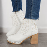 Xajzpa - Embroidery Rivet Platform Chunky Heel Booties Western Cowgirl Ankle Boots