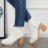 Xajzpa - Embroidery Rivet Platform Chunky Heel Booties Western Cowgirl Ankle Boots