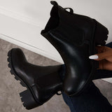 Xajzpa - Faux Leather Chelsea Chunky Heel Ankle Boots Lug Sole Booties