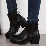 Xajzpa - Faux Leather Chelsea Chunky Heel Ankle Boots Lug Sole Booties