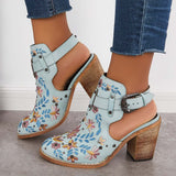 Xajzpa - Cutout Embroidered Chunky Heels Ankle Strap Slingback Sandals