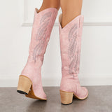 Xajzpa - Embroidered Western Cowboy Boots Chunky Heel Knee High Riding Boots