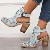 Xajzpa - Cutout Embroidered Chunky Heels Ankle Strap Slingback Sandals