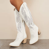 Xajzpa - Embroidered Western Cowboy Boots Chunky Heel Knee High Riding Boots