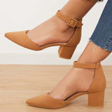 Xajzpa - Block Low Heel Pumps Pointed Toe Ankle Buckle Strap Heels