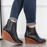 Xajzpa - Hollow Ankle Boots Closed Toe Stacked Wedge Heel Booties