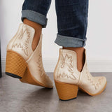 Xajzpa - Western Ankle Cowgirl Boots Slip on Cutout Chunky Heel Booties