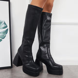 Xajzpa - Black Punk Platform Chunky High Heel Knee High Boots