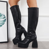 Xajzpa - Black Punk Platform Chunky High Heel Knee High Boots