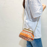 Xajzpa - Boho Straw Woven Kiss Lock Metal Chain Clutch Textured Frame Purse Crossbody Bag