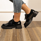 Xajzpa - Women Black Platform Chunky Heel Loafers Lace Up Lug Sole Shoes
