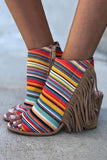 Xajzpa - Colorful Striped Fringe Zipper Peep Toe Heels