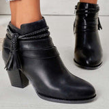 Xajzpa - Western Tassel Chunky Block Heel Ankle Boots Side Zipper Booties