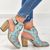 Xajzpa - Cutout Embroidered Chunky Heels Ankle Strap Slingback Sandals