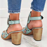 Xajzpa - Cutout Embroidered Chunky Heels Ankle Strap Slingback Sandals