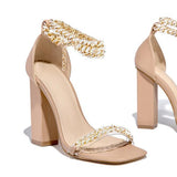 Xajzpa - Women Wedding Heels Elegant Party Sandals Chain Embellished Ankle Strap Chunky Heels Shoes