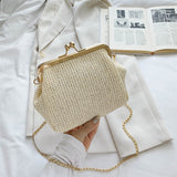 Xajzpa - Boho Straw Woven Kiss Lock Metal Chain Clutch Textured Frame Purse Crossbody Bag