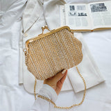 Xajzpa - Boho Straw Woven Kiss Lock Metal Chain Clutch Textured Frame Purse Crossbody Bag