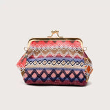 Xajzpa - Boho Straw Woven Kiss Lock Metal Chain Clutch Textured Frame Purse Crossbody Bag