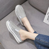 Xajzpa - Crystals Round Toe Leather Flats Shoes Women Silver Bling Loafers Couple Platform Shoes Woman Flat With Students Size 43