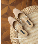 Xajzpa - Female Shoes Slippers Soft Platform Women Heels Square Toe Med Mules Sexy Comfort Summer Square Mid Heel Pearl PU Slides