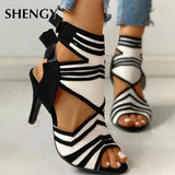 Xajzpa - Colorblock Striped Peep Toe Thin Heeled Heels