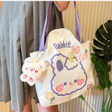 Xajzpa - Kawaii Shoulder Bag for Girls Bear Rabbit Tote Handbags Canvas Large Capacity Student Book Storage Bags Cute Shopping Bags MO118