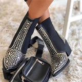 Xajzpa - Brand Design High Quality Square Heels Classic Fashion Rivets Elastic Ankle Boots Shoes Women Chelsea Boots