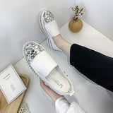 Xajzpa - Crystals Round Toe Leather Flats Shoes Women Silver Bling Loafers Couple Platform Shoes Woman Flat With Students Size 43