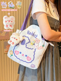 Xajzpa - Kawaii Shoulder Bag for Girls Bear Rabbit Tote Handbags Canvas Large Capacity Student Book Storage Bags Cute Shopping Bags MO118